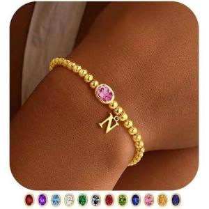 M MOOHAM Valentines Gifts for Her Women Kids – Initial Birthstone Bracelet Elastic 14K-Gold-Plated Bead Bracelets Birthstone Bracelets Jewelry Valentines Gifts for Mom Sister Wife Girlfriend Teen Girl(N)