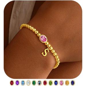 M MOOHAM Valentines Gifts for Her Women Kids – Initial Birthstone Bracelet Elastic 14K-Gold-Plated Bead Bracelets Birthstone Bracelets Jewelry Valentines Gifts for Mom Sister Wife Girlfriend Teen Girl(S)