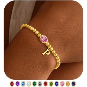 M MOOHAM Valentines Gifts for Her Women Kids – Initial Birthstone Bracelet Elastic 14K-Gold-Plated Bead Bracelets Birthstone Bracelets Jewelry Valentines Gifts for Mom Sister Wife Girlfriend Teen Girl(P)