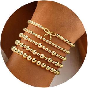 M MOOHAM Valentines Gifts for Women Teen Girls, Elastic 14K-Gold-Plated Beaded Bracelet Stack Set Dainty Cross Bow Heart Charm Bracelet Adjustable Jewelry Set for Womens Teen Girls Gifts(Bow)