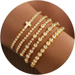 M MOOHAM Valentines Gifts for Women Teen Girls, Elastic 14K-Gold-Plated Beaded Bracelet Stack Set Dainty Cross Bow Heart Charm Bracelet Adjustable Jewelry Set for Womens Teen Girls Gifts(Cross)