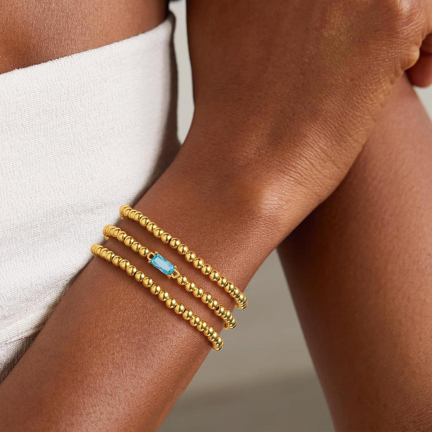 imageM MOOHAM Birthstone Bracelet for Women Dainty 14KGoldPlated Beaded CZ Bracelets Set Elastic Bracelet Stack Trendy Birthday Jewelry Gifts for Women01JanuaryGarnet Red