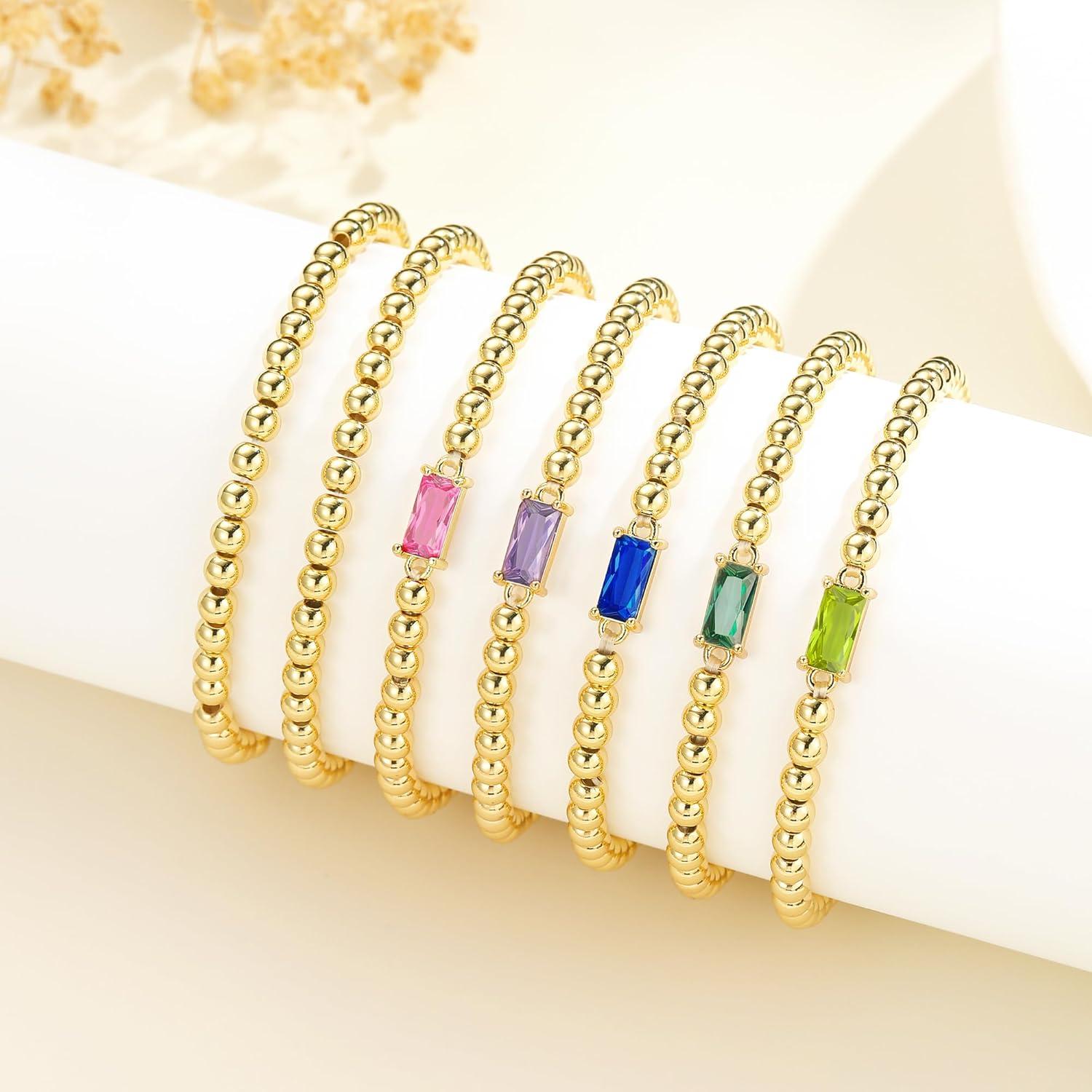imageM MOOHAM Birthstone Bracelet for Women Dainty 14KGoldPlated Beaded CZ Bracelets Set Elastic Bracelet Stack Trendy Birthday Jewelry Gifts for Women11NovemberCitrine Yellow