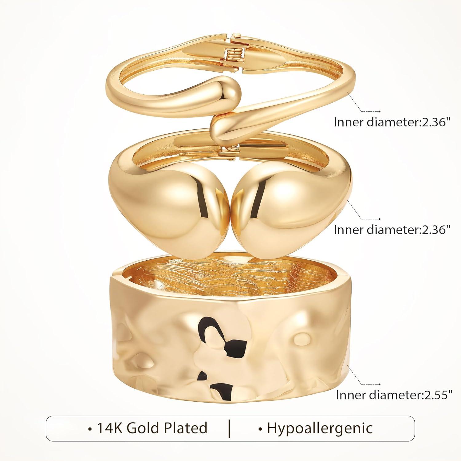 imageM MOOHAM Chunky Gold Plated Bangle Bracelets for Women Hypoallergenic 14k Gold Plated Chunky Adjustable Stackable Twist Cuff Bracelet Stack for Women Trendy Non Tarnish Jewelry Gifts3pcs chunky braceletsgold plated 002