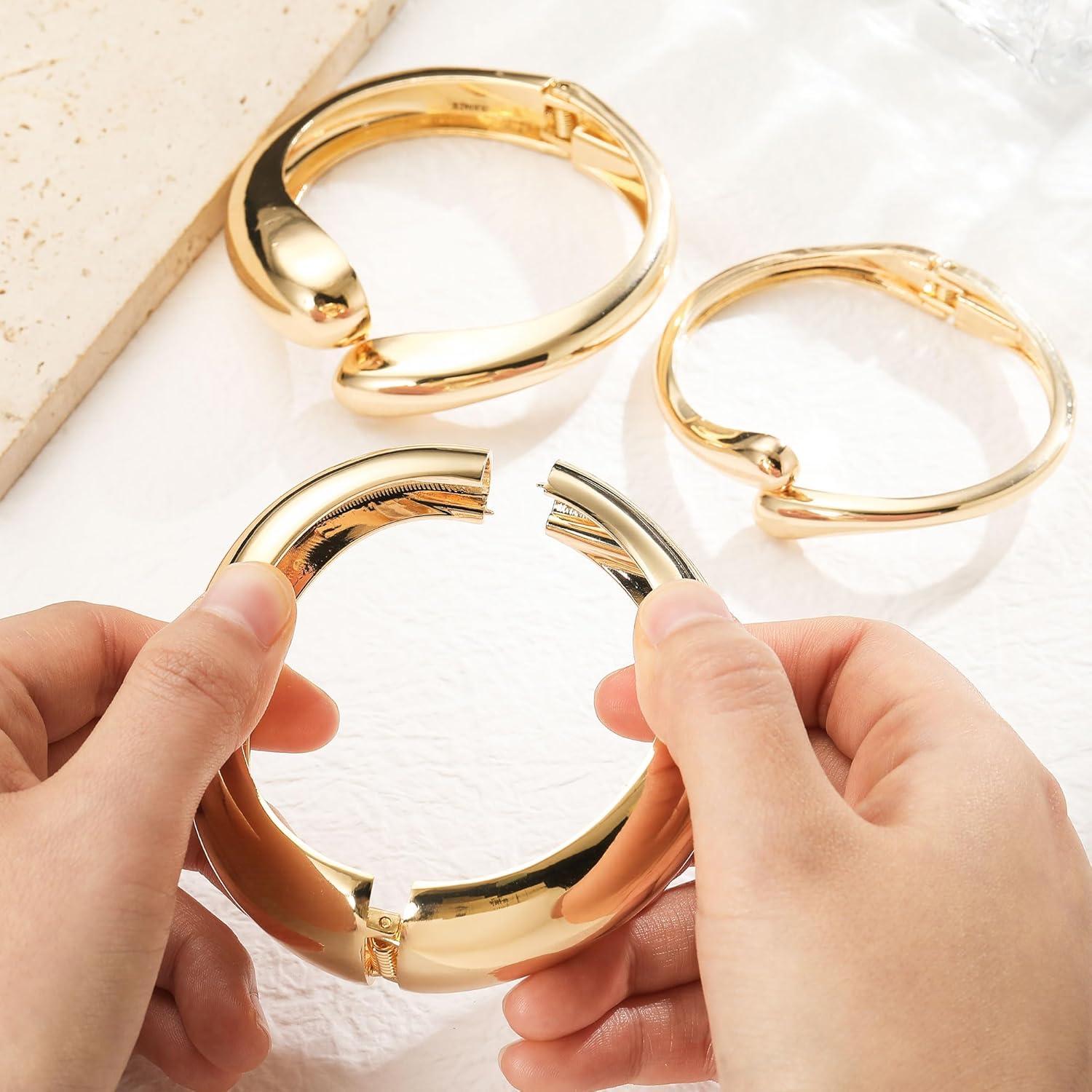imageM MOOHAM Chunky Gold Plated Bangle Bracelets for Women Hypoallergenic 14k Gold Plated Chunky Adjustable Stackable Twist Cuff Bracelet Stack for Women Trendy Non Tarnish Jewelry Gifts3pcs chunky braceletsgold plated 004