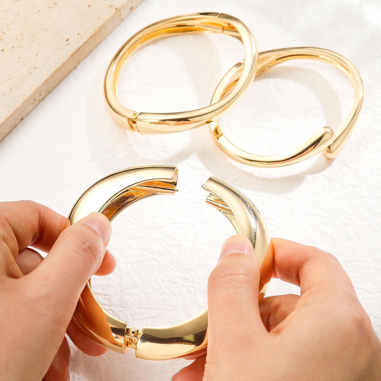 imageM MOOHAM Chunky Gold Plated Bangle Bracelets for Women Hypoallergenic 14k Gold Plated Chunky Adjustable Stackable Twist Cuff Bracelet Stack for Women Trendy Non Tarnish Jewelry Gifts3pcs chunky braceletsgold plated 005