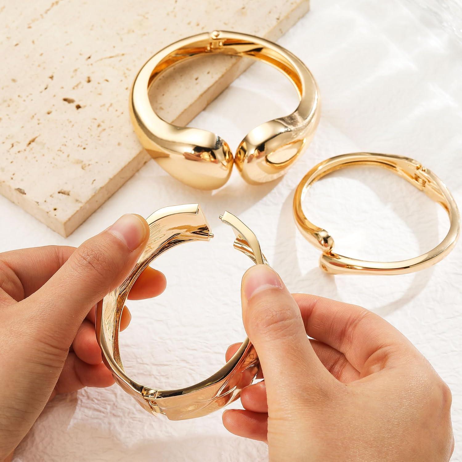 imageM MOOHAM Chunky Gold Plated Bangle Bracelets for Women Hypoallergenic 14k Gold Plated Chunky Adjustable Stackable Twist Cuff Bracelet Stack for Women Trendy Non Tarnish Jewelry Gifts3pcs chunky braceletsgold plated 002