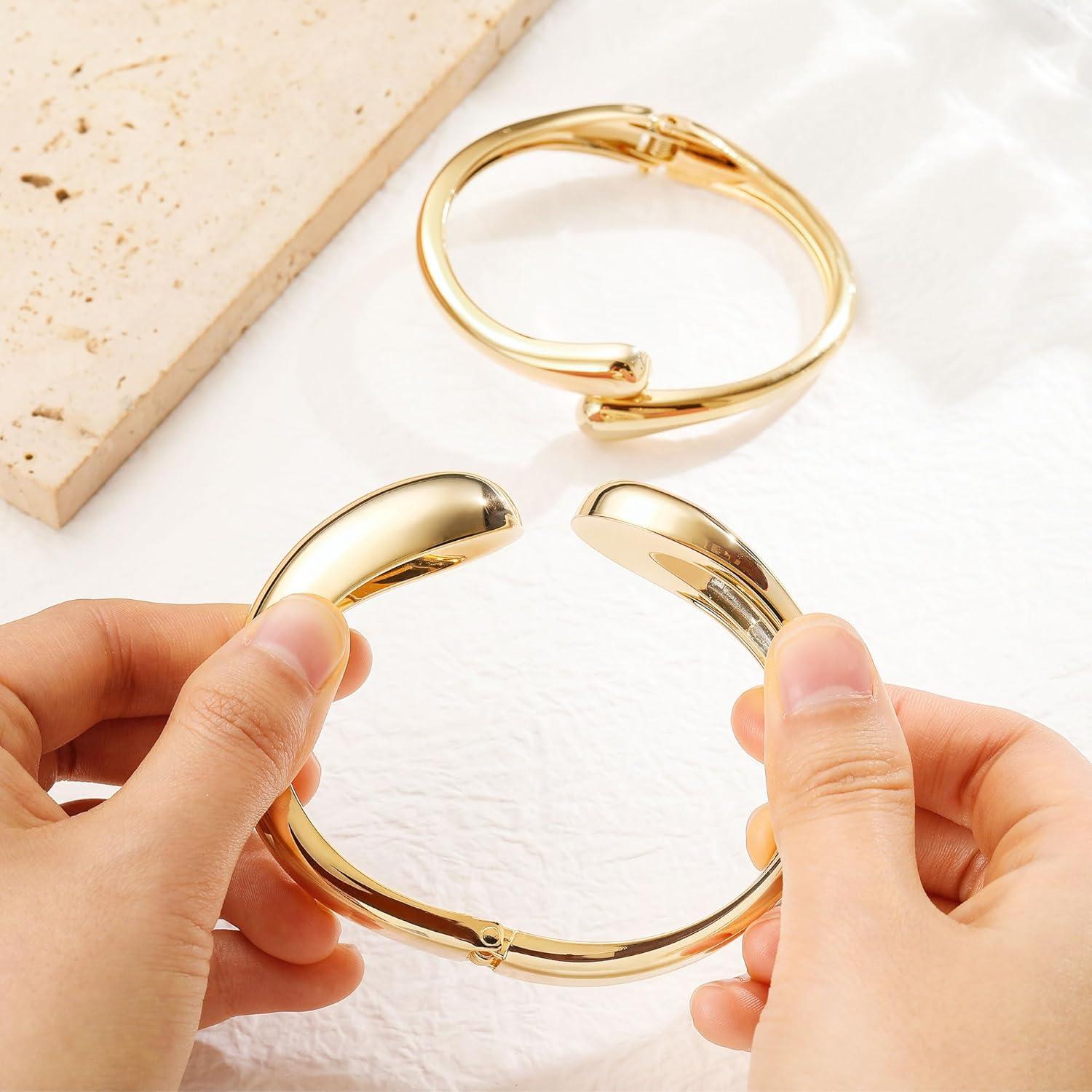 imageM MOOHAM Chunky Gold Plated Bangle Bracelets for Women Hypoallergenic 14k Gold Plated Chunky Adjustable Stackable Twist Cuff Bracelet Stack for Women Trendy Non Tarnish Jewelry Gifts2pcs chunky braceletsgold plated 003