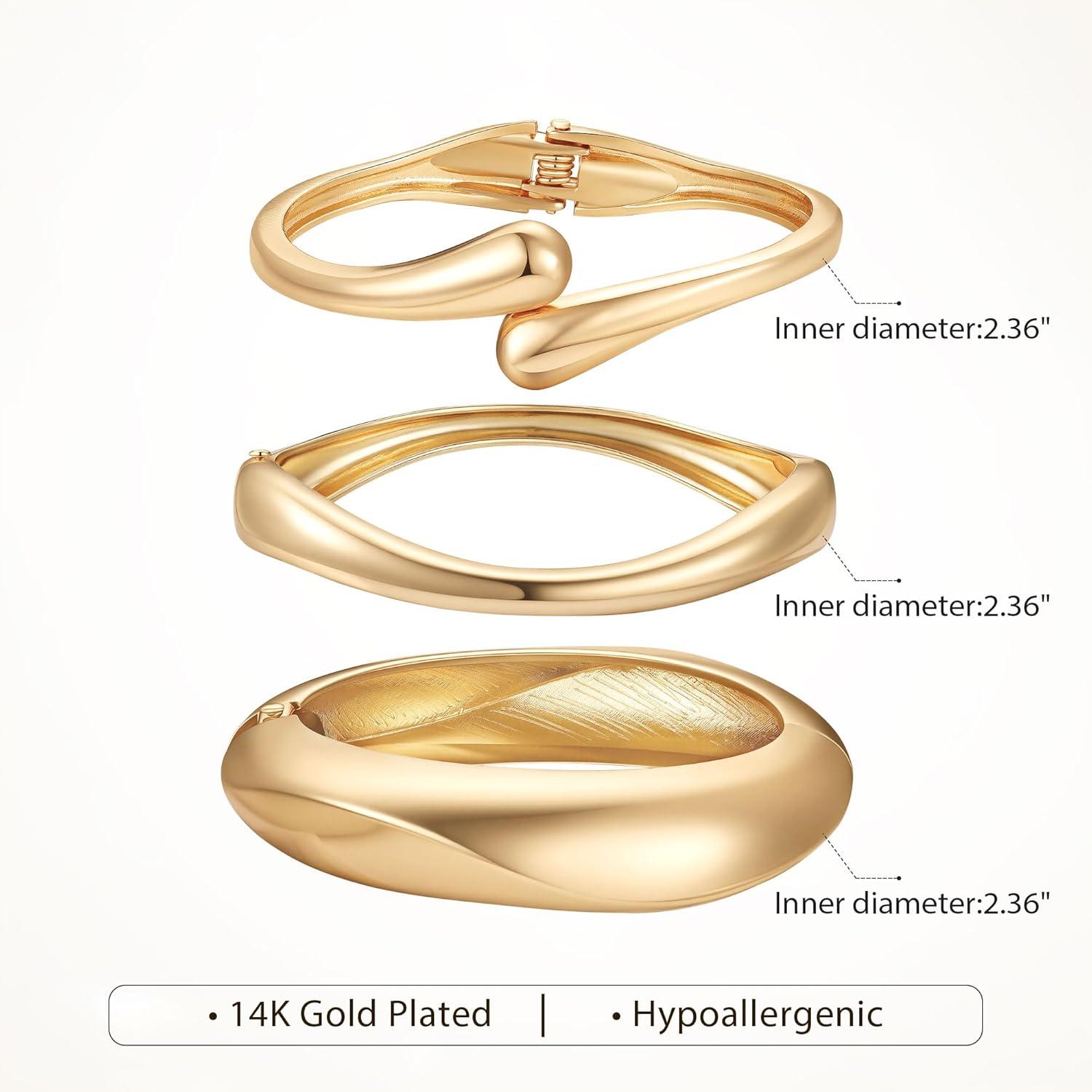 imageM MOOHAM Chunky Gold Plated Bangle Bracelets for Women Hypoallergenic 14k Gold Plated Chunky Adjustable Stackable Twist Cuff Bracelet Stack for Women Trendy Non Tarnish Jewelry Gifts3pcs chunky braceletsgold plated 005