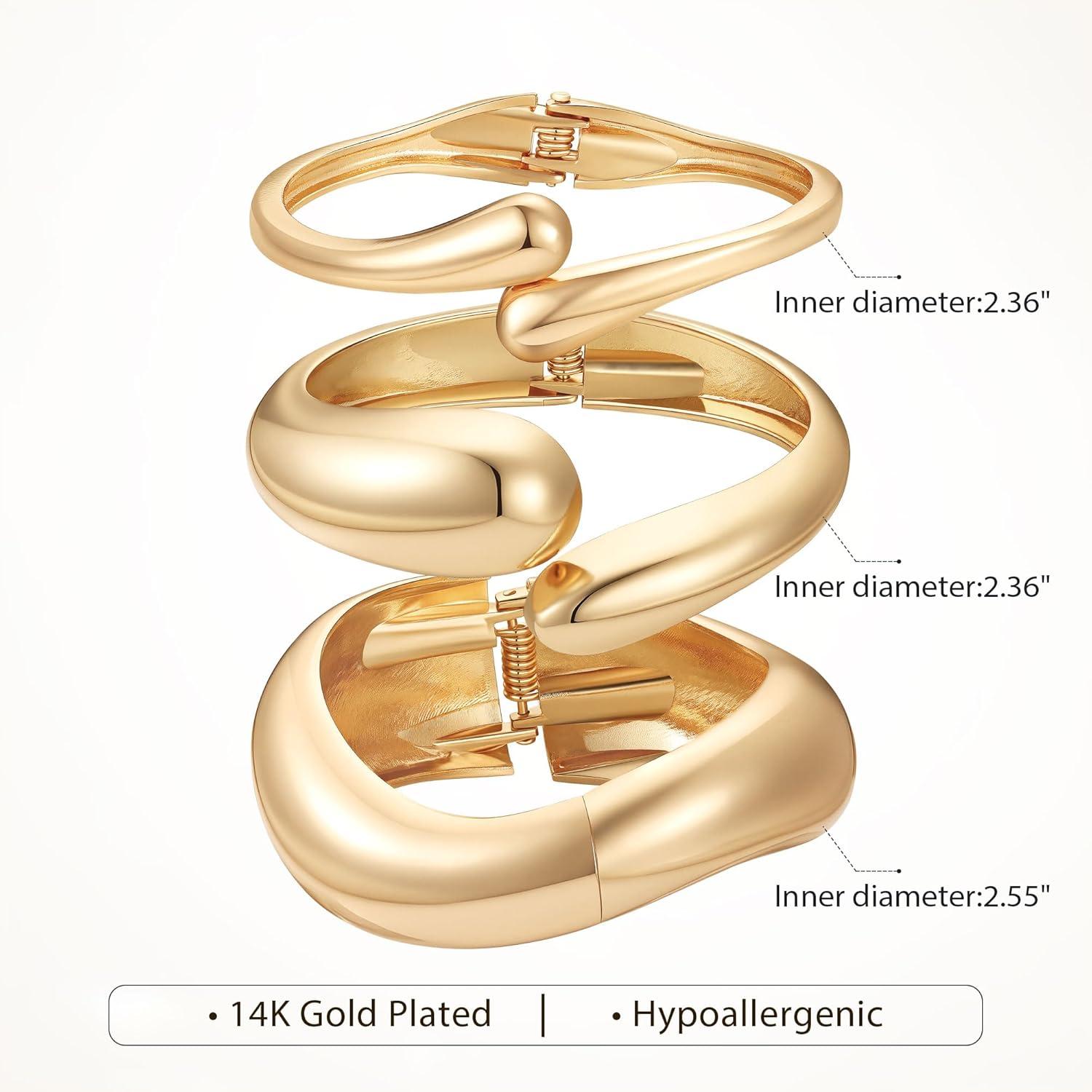 imageM MOOHAM Chunky Gold Plated Bangle Bracelets for Women Hypoallergenic 14k Gold Plated Chunky Adjustable Stackable Twist Cuff Bracelet Stack for Women Trendy Non Tarnish Jewelry Gifts3pcs chunky braceletsgold plated 004