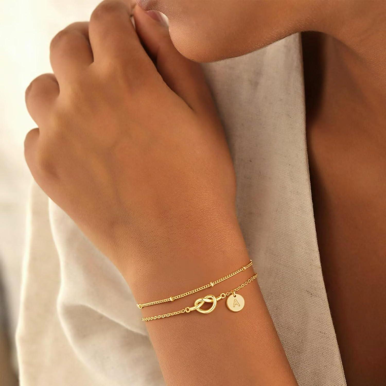 imageM MOOHAM Valentines Gifts for Her Women Kids Dainty 14K Gold Plated Knot Heart Disc Letter AZ Initial Bracelet Layered Link Charm Bracelets for Women Girls Womens Jewelry Birthday GiftsD