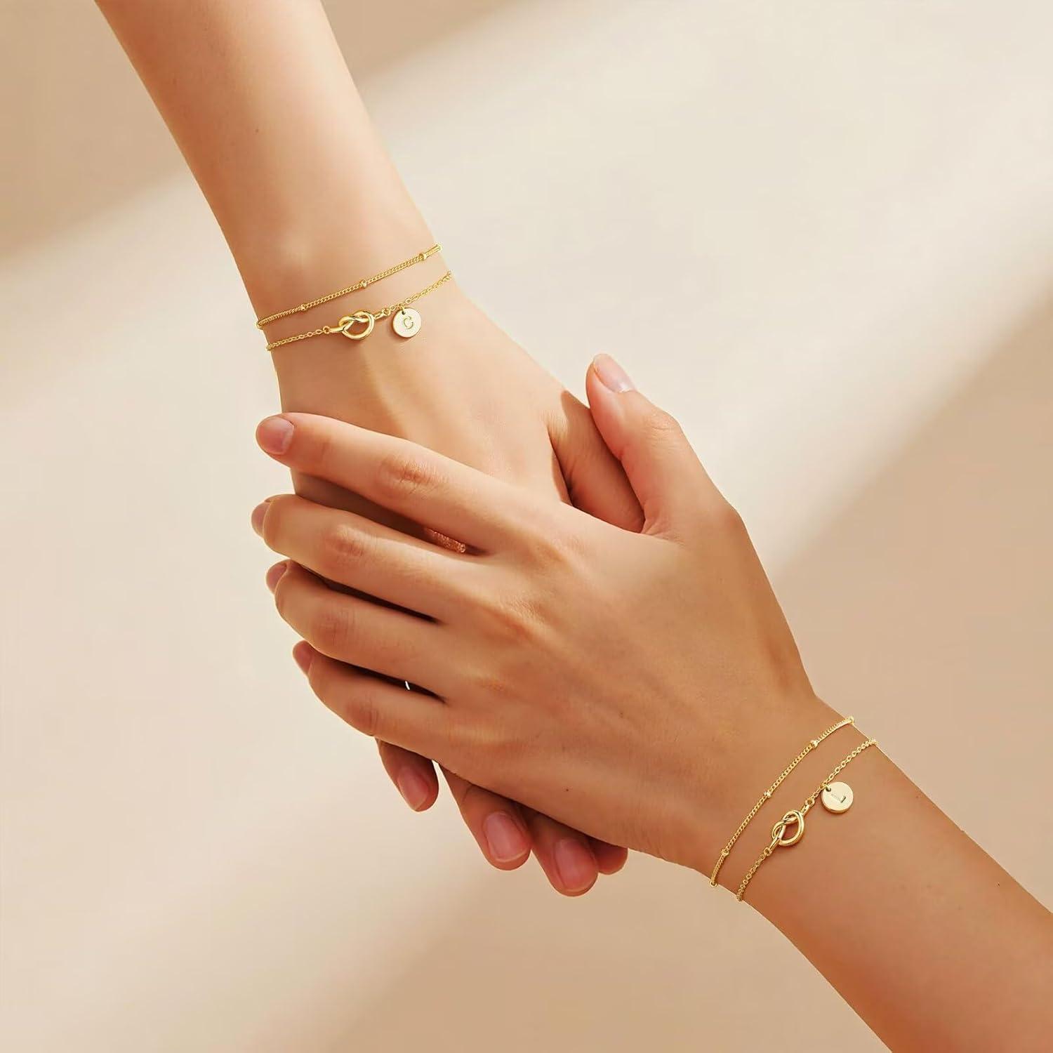 imageM MOOHAM Valentines Gifts for Her Women Kids Dainty 14K Gold Plated Knot Heart Disc Letter AZ Initial Bracelet Layered Link Charm Bracelets for Women Girls Womens Jewelry Birthday GiftsS