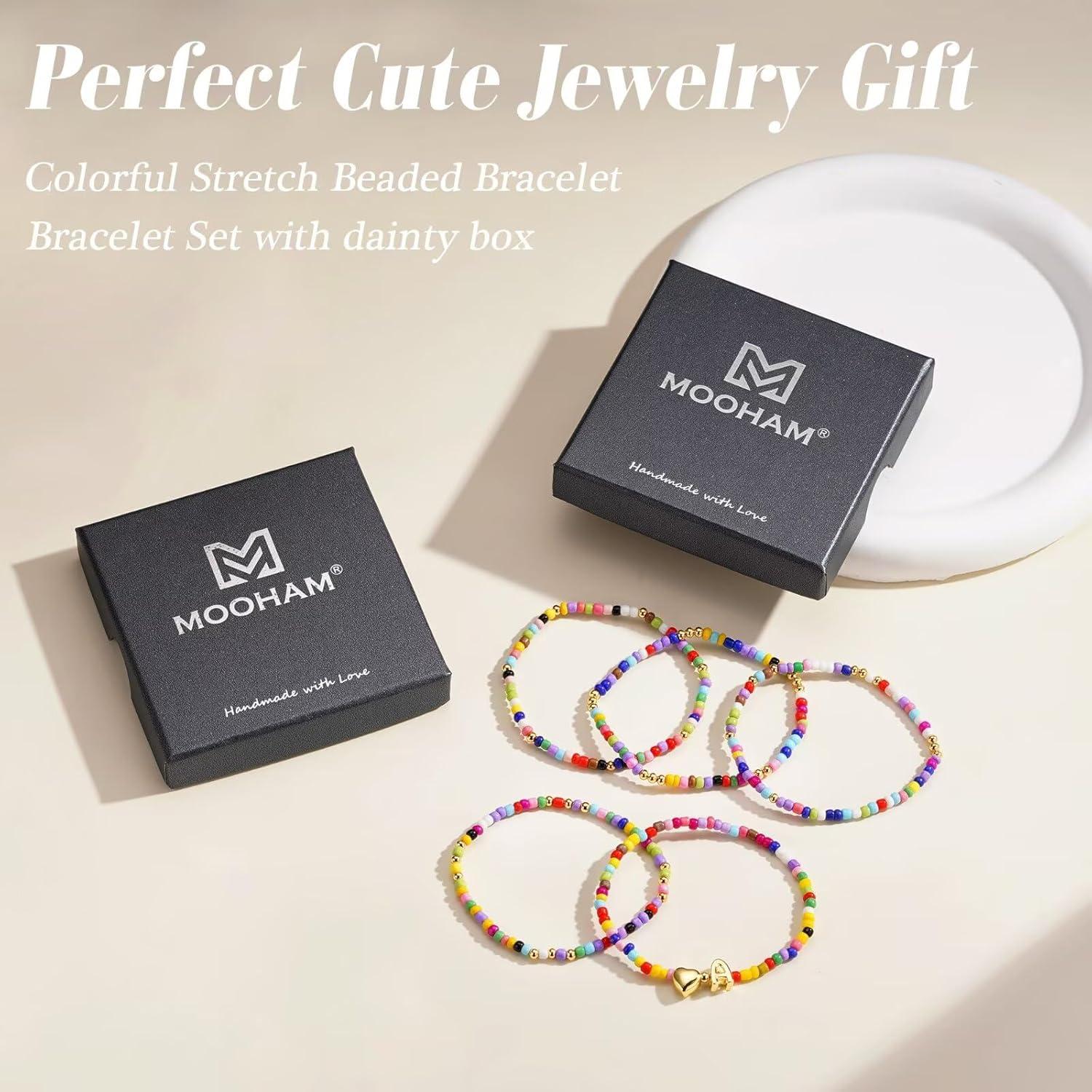 imageM MOOHAM Valentines Gifts for Kids Girls Her 5PCS Colorful Beaded Bracelets for Girls Cute Heart Initial Bracelet Stretch Stackable Bracelets Jewelry Set Valentines Gifts for Kids Teen Girl WomenZ