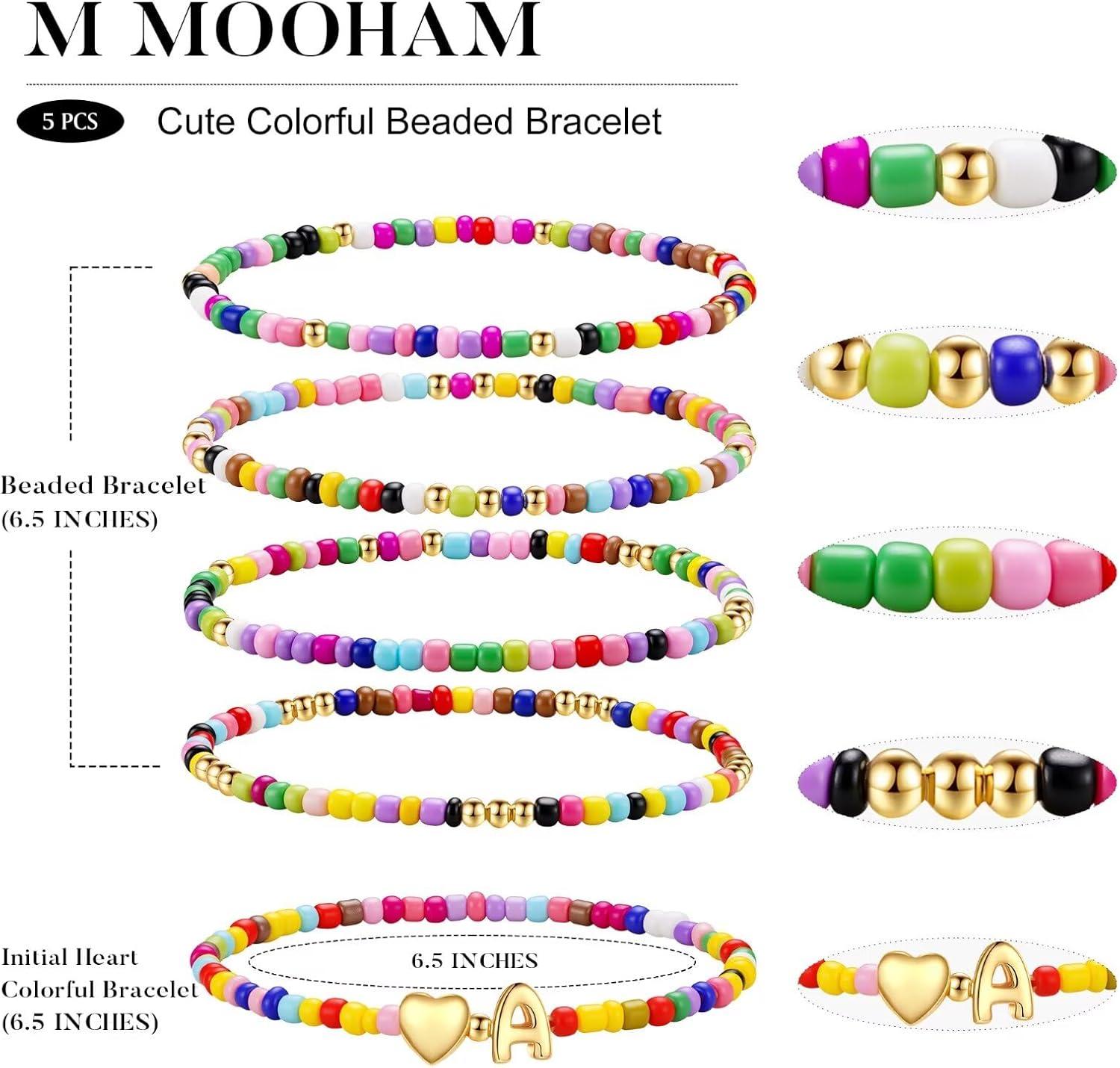 imageM MOOHAM Valentines Gifts for Kids Girls Her 5PCS Colorful Beaded Bracelets for Girls Cute Heart Initial Bracelet Stretch Stackable Bracelets Jewelry Set Valentines Gifts for Kids Teen Girl WomenZ