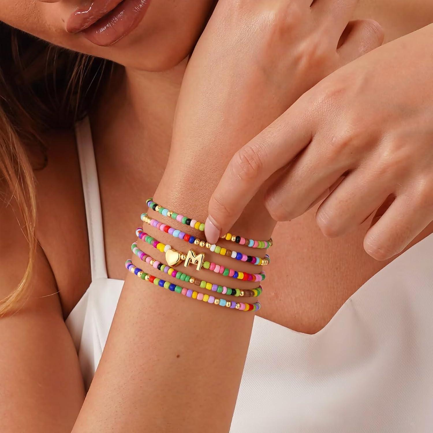 imageM MOOHAM Valentines Gifts for Kids Girls Her 5PCS Colorful Beaded Bracelets for Girls Cute Heart Initial Bracelet Stretch Stackable Bracelets Jewelry Set Valentines Gifts for Kids Teen Girl WomenZ