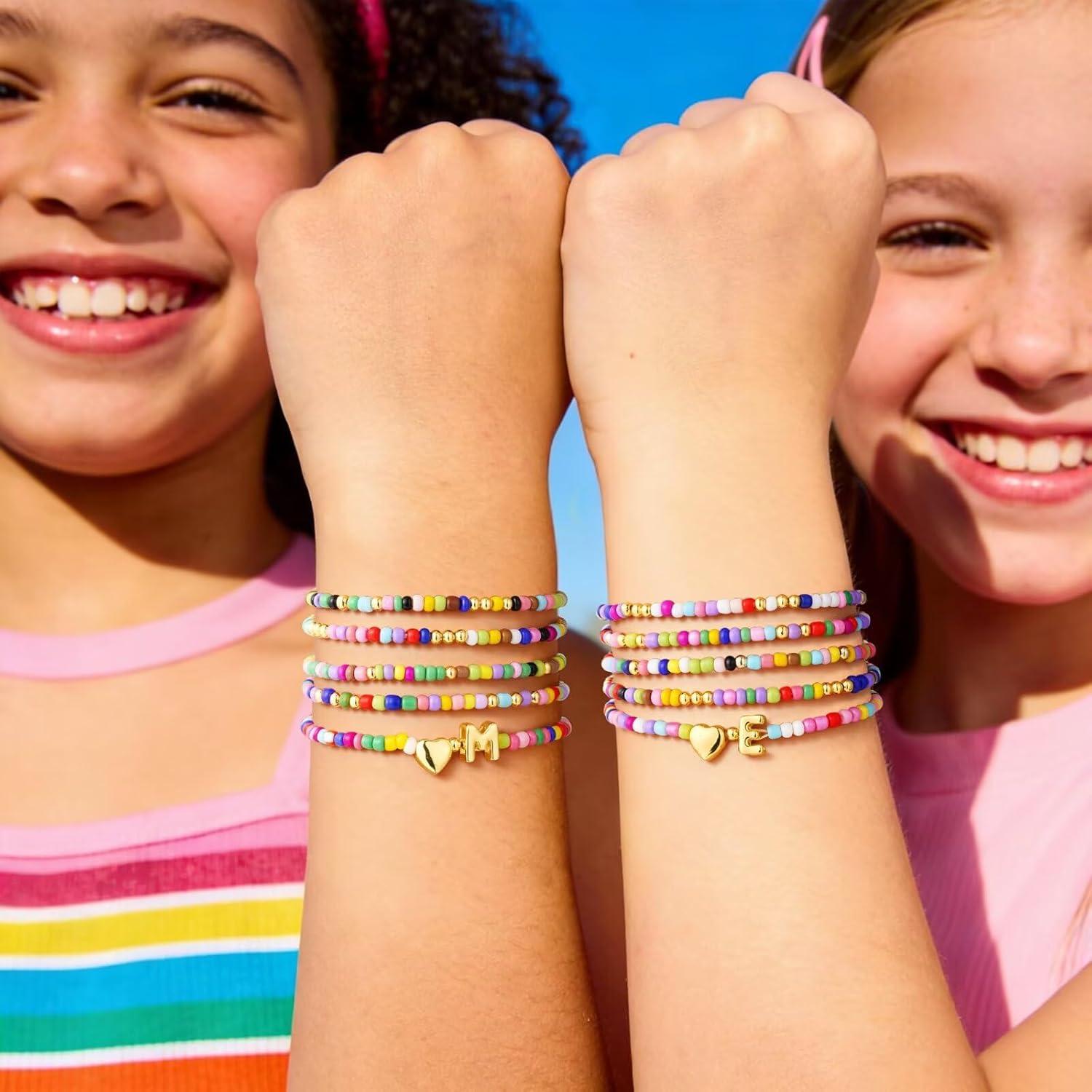imageM MOOHAM Valentines Gifts for Kids Girls Her 5PCS Colorful Beaded Bracelets for Girls Cute Heart Initial Bracelet Stretch Stackable Bracelets Jewelry Set Valentines Gifts for Kids Teen Girl WomenZ
