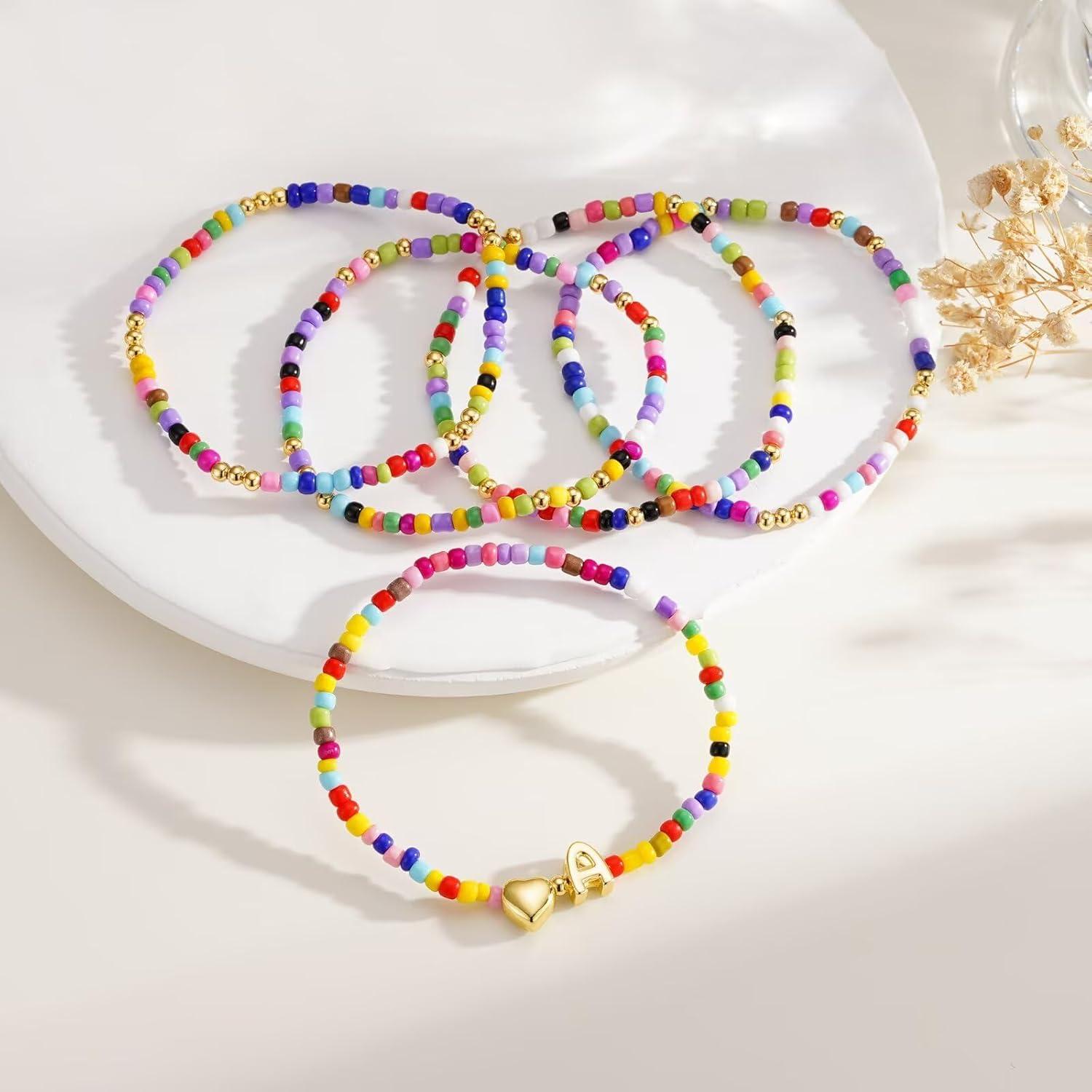 imageM MOOHAM Valentines Gifts for Kids Girls Her 5PCS Colorful Beaded Bracelets for Girls Cute Heart Initial Bracelet Stretch Stackable Bracelets Jewelry Set Valentines Gifts for Kids Teen Girl WomenZ