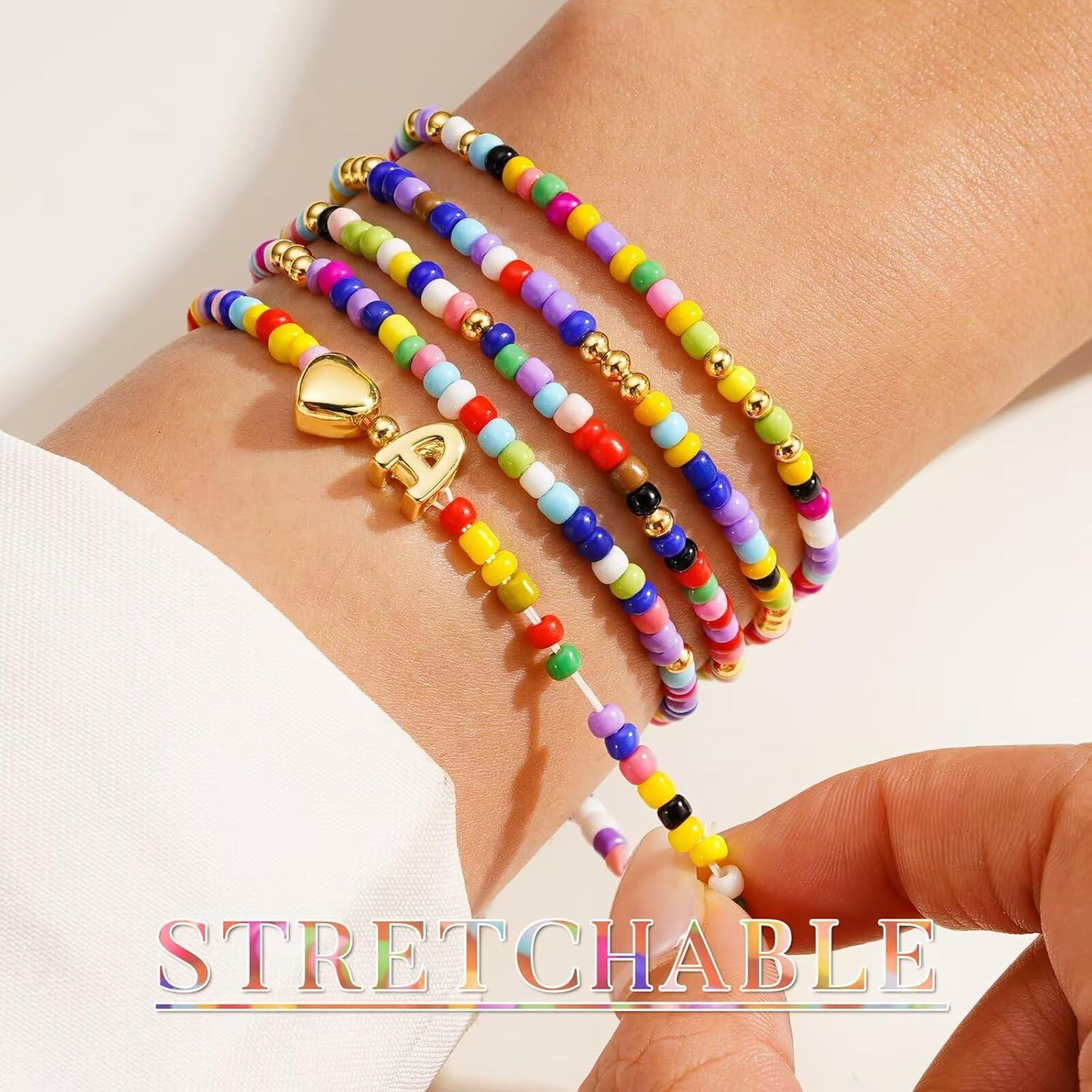 imageM MOOHAM Valentines Gifts for Kids Girls Her 5PCS Colorful Beaded Bracelets for Girls Cute Heart Initial Bracelet Stretch Stackable Bracelets Jewelry Set Valentines Gifts for Kids Teen Girl WomenZ