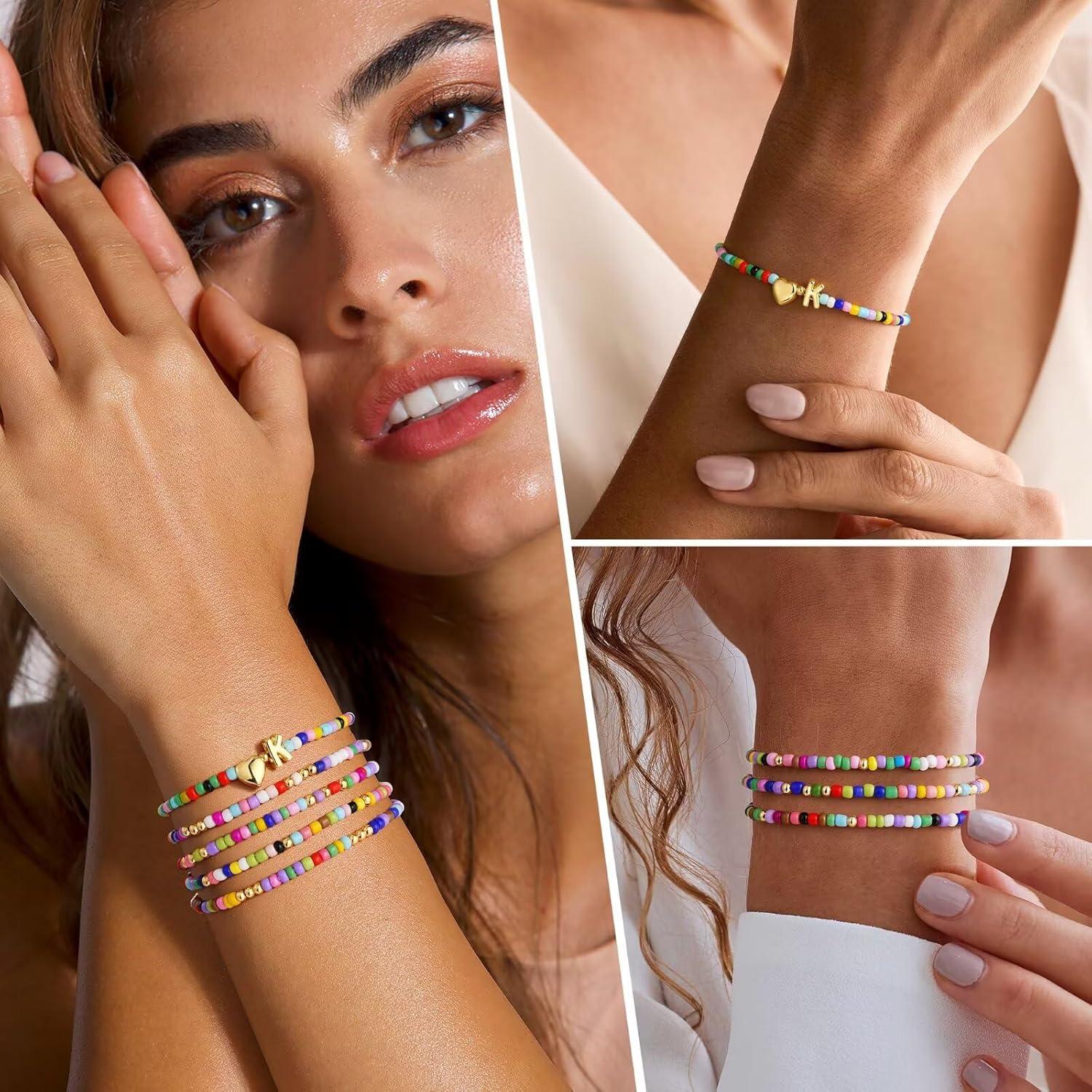 imageM MOOHAM Valentines Gifts for Kids Girls Her 5PCS Colorful Beaded Bracelets for Girls Cute Heart Initial Bracelet Stretch Stackable Bracelets Jewelry Set Valentines Gifts for Kids Teen Girl WomenZ