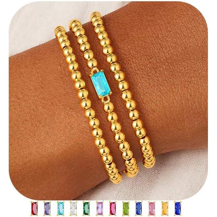 imageM MOOHAM Birthstone Bracelet for Women  Dainty 14KGoldPlated Beaded CZ Bracelets Set Elastic Bracelet Stack Trendy Birthday Jewelry Gifts for Women03MarchAquamarine Light Blue