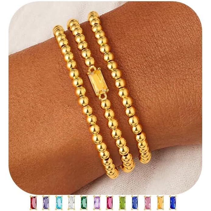 imageM MOOHAM Birthstone Bracelet for Women Dainty 14KGoldPlated Beaded CZ Bracelets Set Elastic Bracelet Stack Trendy Birthday Jewelry Gifts for Women11NovemberCitrine Yellow