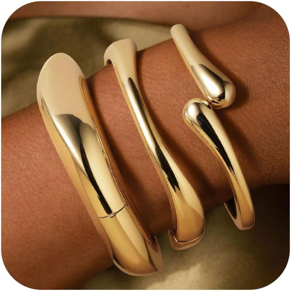 imageM MOOHAM Chunky Gold Plated Bangle Bracelets for Women Hypoallergenic 14k Gold Plated Chunky Adjustable Stackable Twist Cuff Bracelet Stack for Women Trendy Non Tarnish Jewelry Gifts3pcs chunky braceletsgold plated 005