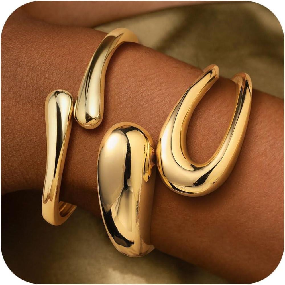 imageM MOOHAM Chunky Gold Plated Bangle Bracelets for Women Hypoallergenic 14k Gold Plated Chunky Adjustable Stackable Twist Cuff Bracelet Stack for Women Trendy Non Tarnish Jewelry Gifts2pcs chunky braceletsgold plated 003