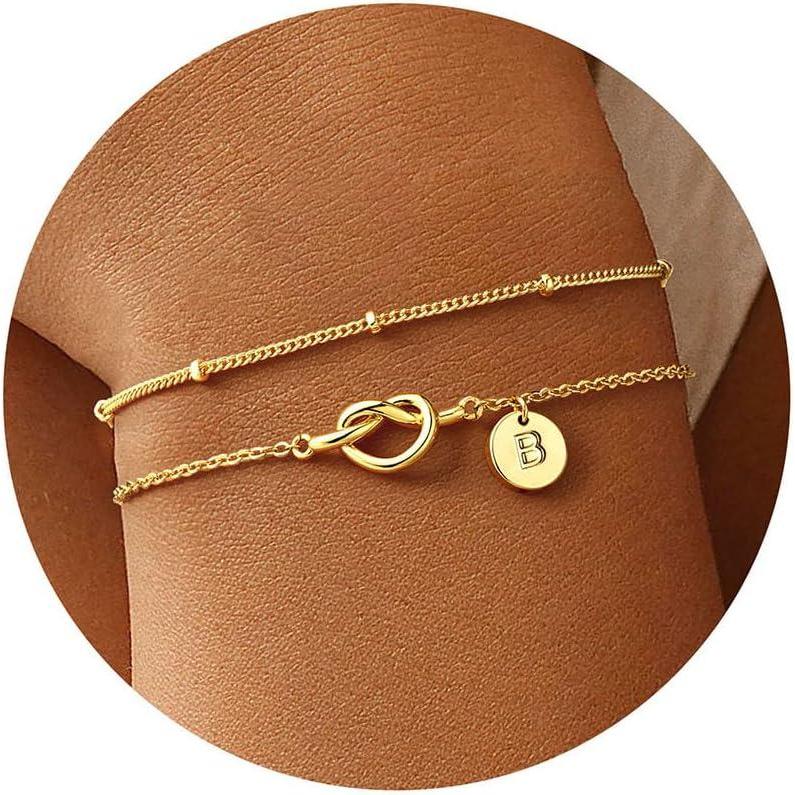 imageM MOOHAM Valentines Gifts for Her Women Kids  Dainty 14K Gold Plated Knot Heart Disc Letter AZ Initial Bracelet Layered Link Charm Bracelets for Women Girls Womens Jewelry Birthday GiftsB