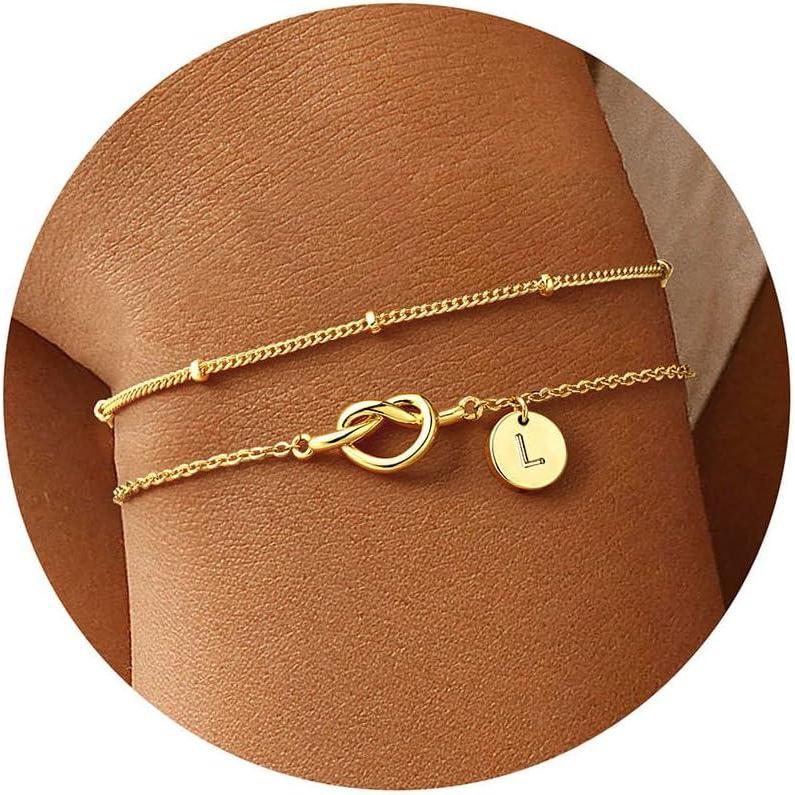 imageM MOOHAM Valentines Gifts for Her Women Kids  Dainty 14K Gold Plated Knot Heart Disc Letter AZ Initial Bracelet Layered Link Charm Bracelets for Women Girls Womens Jewelry Birthday GiftsL
