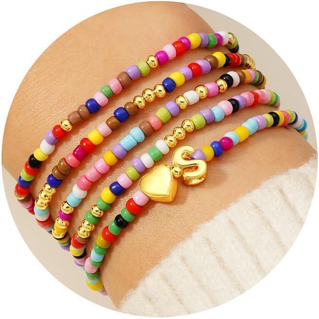 imageM MOOHAM Valentines Gifts for Kids Girls Her  5PCS Colorful Beaded Bracelets for Girls Cute Heart Initial Bracelet Stretch Stackable Bracelets Jewelry Set Valentines Gifts for Kids Teen Girl WomenS