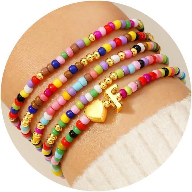 imageM MOOHAM Valentines Gifts for Kids Girls Her  5PCS Colorful Beaded Bracelets for Girls Cute Heart Initial Bracelet Stretch Stackable Bracelets Jewelry Set Valentines Gifts for Kids Teen Girl WomenF