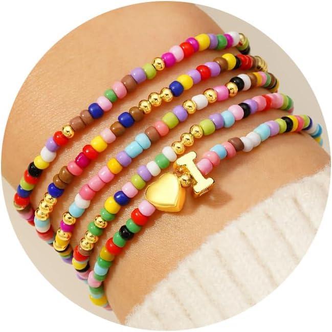 imageM MOOHAM Valentines Gifts for Kids Girls Her  5PCS Colorful Beaded Bracelets for Girls Cute Heart Initial Bracelet Stretch Stackable Bracelets Jewelry Set Valentines Gifts for Kids Teen Girl WomenI
