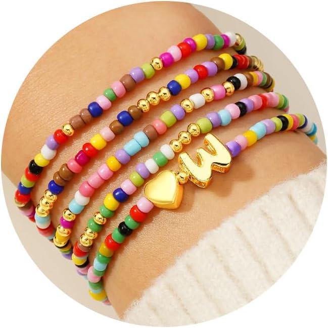 imageM MOOHAM Valentines Gifts for Kids Girls Her 5PCS Colorful Beaded Bracelets for Girls Cute Heart Initial Bracelet Stretch Stackable Bracelets Jewelry Set Valentines Gifts for Kids Teen Girl WomenW