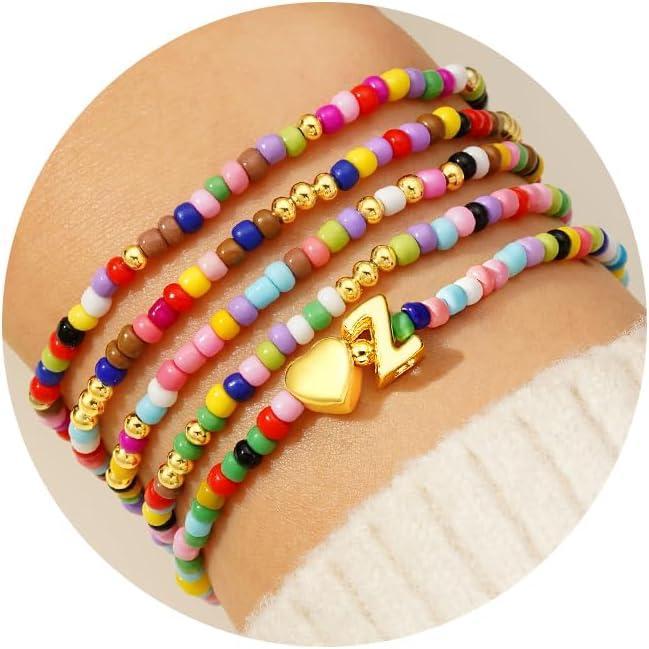 imageM MOOHAM Valentines Gifts for Kids Girls Her 5PCS Colorful Beaded Bracelets for Girls Cute Heart Initial Bracelet Stretch Stackable Bracelets Jewelry Set Valentines Gifts for Kids Teen Girl WomenZ