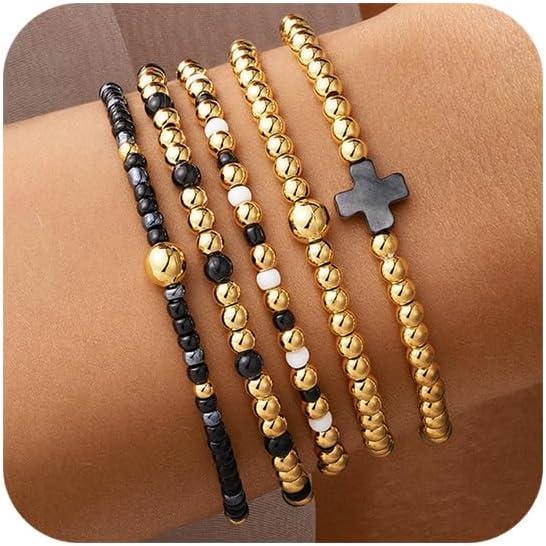 imageM MOOHAM Valentines Gifts for Women Teen Girls 14K Gold Plated Cross Beaded Bracelet Stack Set Stretch Pearl Bead Bracelet Colorful Christian Jewelry Religious Gifts for Women Teen GirlsBlack Cross