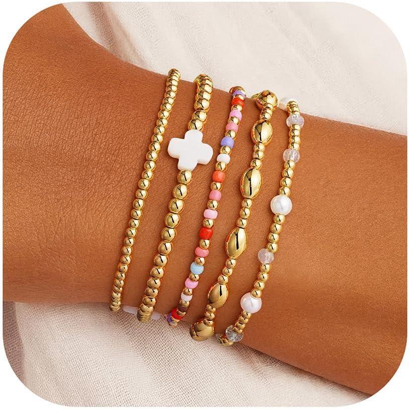 imageM MOOHAM Valentines Gifts for Women Teen Girls 14K Gold Plated Cross Beaded Bracelet Stack Set Stretch Pearl Bead Bracelet Colorful Christian Jewelry Religious Gifts for Women Teen GirlsWhite Cross