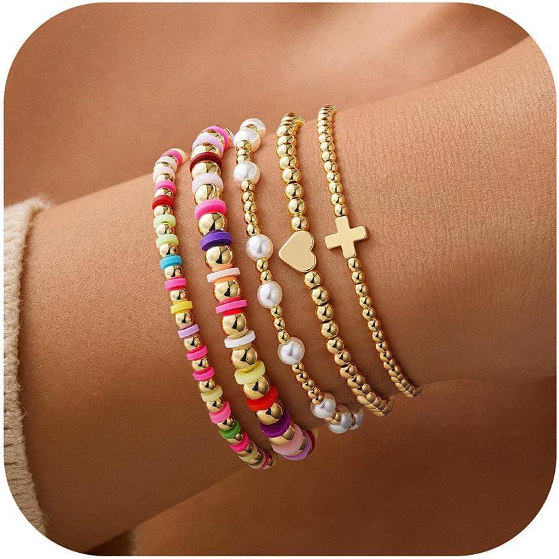 imageM MOOHAM Valentines Gifts for Women Teen Girls 14K Gold Plated Cross Beaded Bracelet Stack Set Stretch Pearl Bead Bracelet Colorful Christian Jewelry Religious Gifts for Women Teen Girls14K Gold Plated Cross