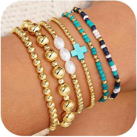 imageM MOOHAM Valentines Gifts for Women Teen Girls 14K Gold Plated Cross Beaded Bracelet Stack Set Stretch Pearl Bead Bracelet Colorful Christian Jewelry Religious Gifts for Women Teen GirlsBlue Cross