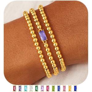 M MOOHAM Birthstone Bracelet for Women – Dainty 14K-Gold-Plated Beaded CZ Bracelets Set Elastic Bracelet Stack Trendy Birthday Jewelry Gifts for Women(06-June-Alexandrite Light Purple)