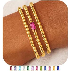 M MOOHAM Birthstone Bracelet for Women – Dainty 14K-Gold-Plated Beaded CZ Bracelets Set Elastic Bracelet Stack Trendy Birthday Jewelry Gifts for Women(07-July-Ruby Rose Red)