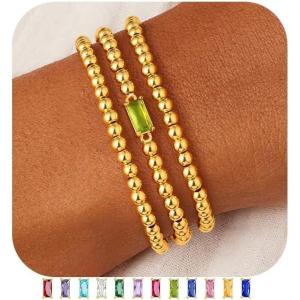 M MOOHAM Birthstone Bracelet for Women – Dainty 14K-Gold-Plated Beaded CZ Bracelets Set Elastic Bracelet Stack Trendy Birthday Jewelry Gifts for Women(08-August-Peridot Light Green)