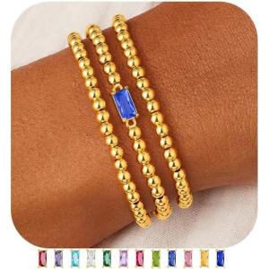 M MOOHAM Birthstone Bracelet for Women – Dainty 14K-Gold-Plated Beaded CZ Bracelets Set Elastic Bracelet Stack Trendy Birthday Jewelry Gifts for Women(09-September-Sapphire Blue)