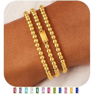 M MOOHAM Birthstone Bracelet for Women – Dainty 14K-Gold-Plated Beaded CZ Bracelets Set Elastic Bracelet Stack Trendy Birthday Jewelry Gifts for Women(11-November-Citrine Yellow)