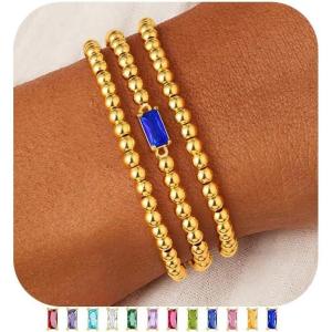 M MOOHAM Birthstone Bracelet for Women – Dainty 14K-Gold-Plated Beaded CZ Bracelets Set Elastic Bracelet Stack Trendy Birthday Jewelry Gifts for Women(12-December-Tanzanite Blue)