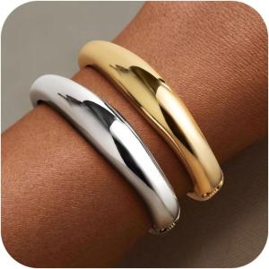 M MOOHAM Chunky Gold Plated Bangle Bracelets for Women – Hypoallergenic 14k Gold Plated Chunky Adjustable Stackable Twist Cuff Bracelet Stack for Women Trendy Non Tarnish Jewelry Gifts(2pcs chunky bracelets-gold/silver 007)