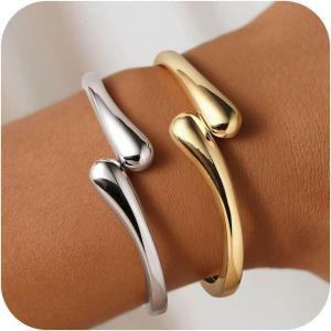 M MOOHAM Chunky Gold Plated Bangle Bracelets for Women – Hypoallergenic 14k Gold Plated Chunky Adjustable Stackable Twist Cuff Bracelet Stack for Women Trendy Non Tarnish Jewelry Gifts(2pcs chunky bracelets-gold/silver 006)