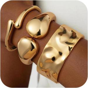 M MOOHAM Chunky Gold Plated Bangle Bracelets for Women – Hypoallergenic 14k Gold Plated Chunky Adjustable Stackable Twist Cuff Bracelet Stack for Women Trendy Non Tarnish Jewelry Gifts(3pcs chunky bracelets-gold plated 002)