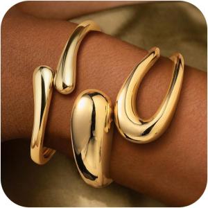 M MOOHAM Chunky Gold Plated Bangle Bracelets for Women – Hypoallergenic 14k Gold Plated Chunky Adjustable Stackable Twist Cuff Bracelet Stack for Women Trendy Non Tarnish Jewelry Gifts(2pcs chunky bracelets-gold plated 003)