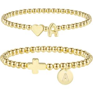 M MOOHAM Gold Beaded Bracelets – Heart Initial Bracelets & Cross Initial Bracelets Letter A