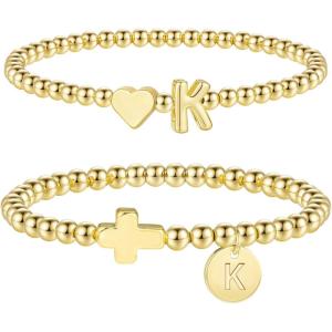 M MOOHAM Gold Beaded Bracelets – Heart Initial Bracelets & Cross Initial Bracelets Letter K